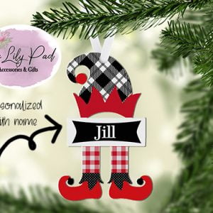 Black and White Red Plaid Elf Personalized Ornament