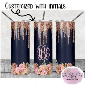 Navy and Pink Rose Personalized Skinny Tumbler