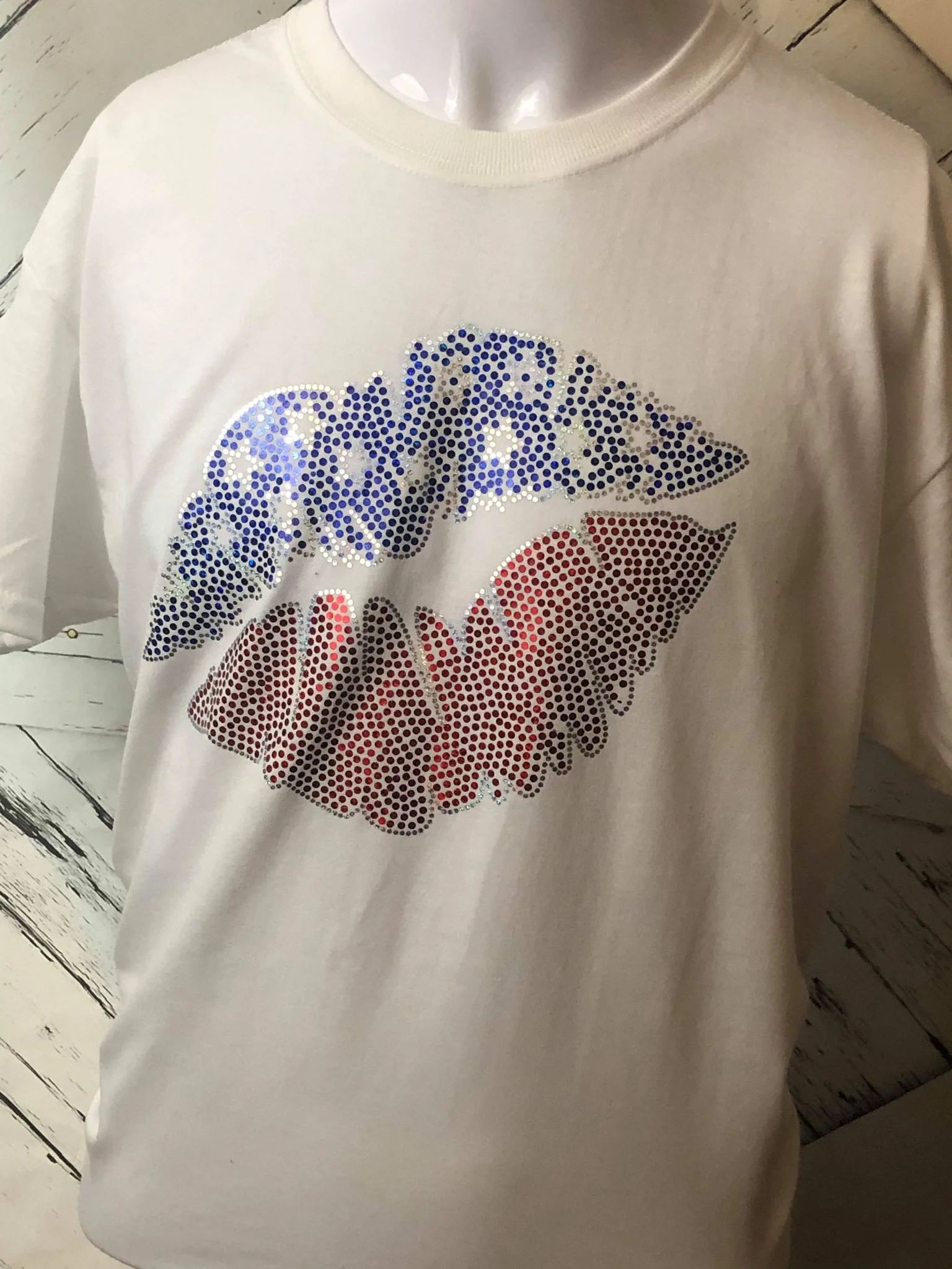 Star Red Blue Silver Patriotic Lips Spangle Bling Shirt - Image 2