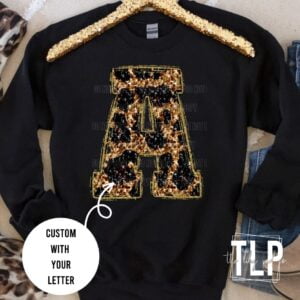 Sequin look Leopard Pattern Letter Initial Graphic Top