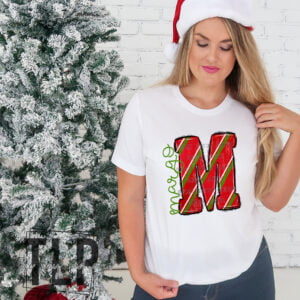 Christmas Red Green Stripe Initial Graphic Top