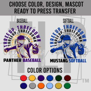 Custom 3 up 3 down Baseball Softball Mascot DTF Transfer