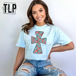 Turquoise and Pink Floral Cross DTF transfer