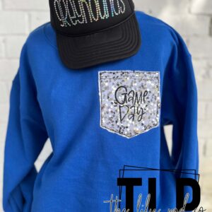 Game Day Sequin Faux Pocket Embroidered Crew Neck